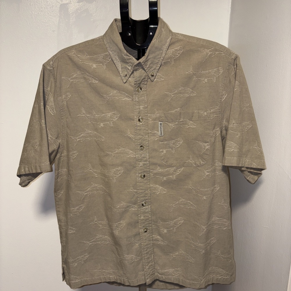 Columbia PFG Men's Green Bonefish Print Button-Up Short Sleeve Shirt Size Medium